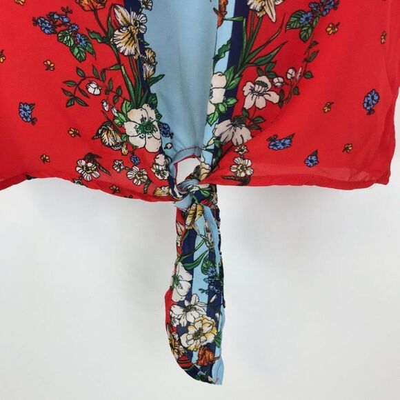 Twine & String Floral Tie Front Blouse Women’s Small Flutter Sleeves Keyhole - Picture 3 of 12